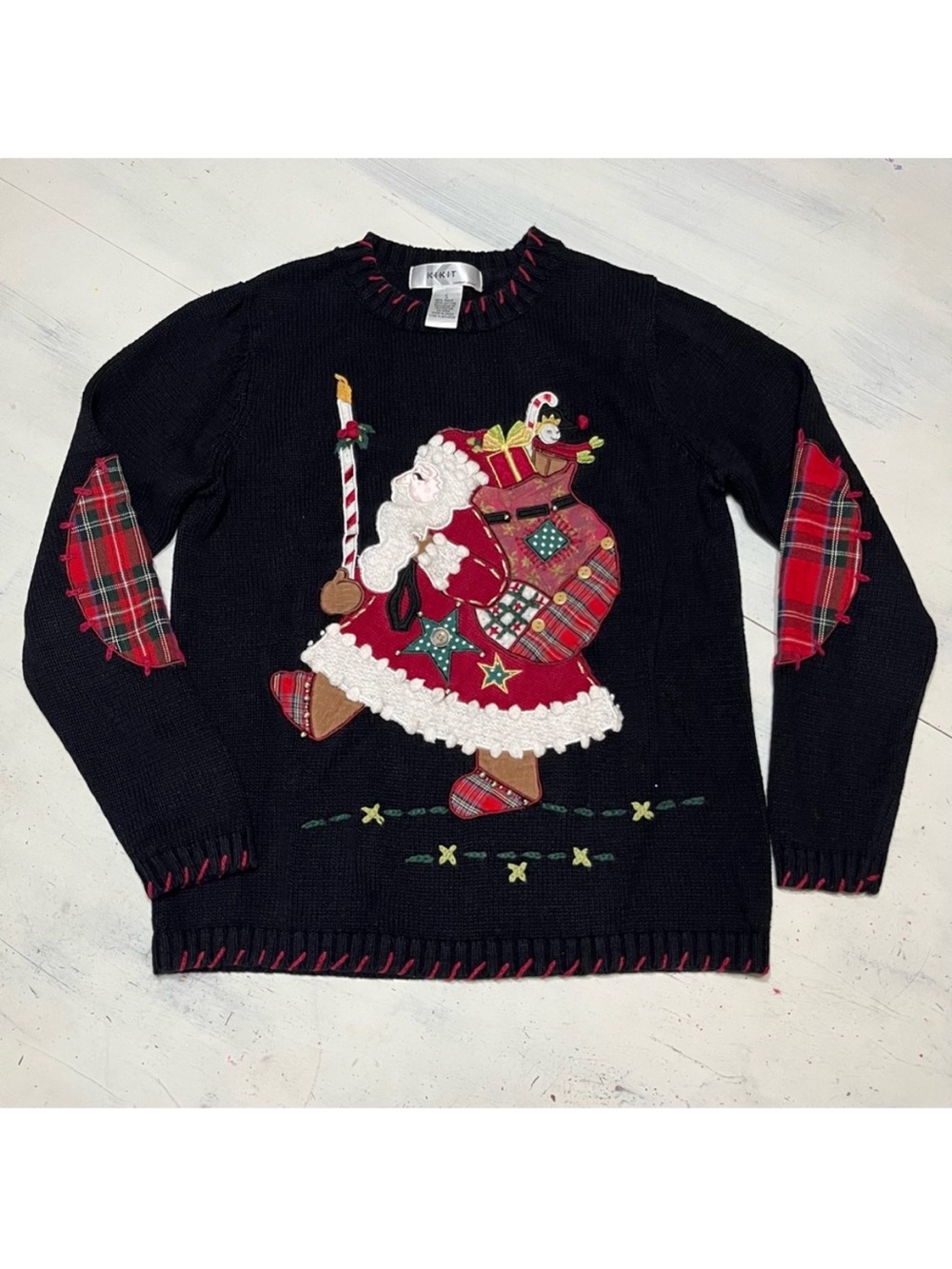 Vintage Kikit Classic Santa Christmas Holiday Sweater Sz S Elbow Patch
